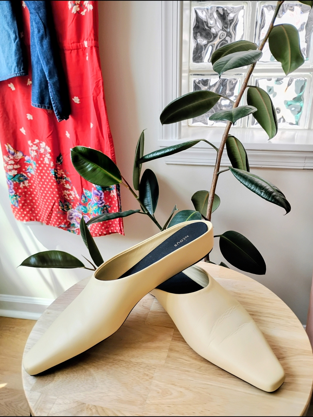 NEOUS Alba leather mules in "banana,"  size 6.5
